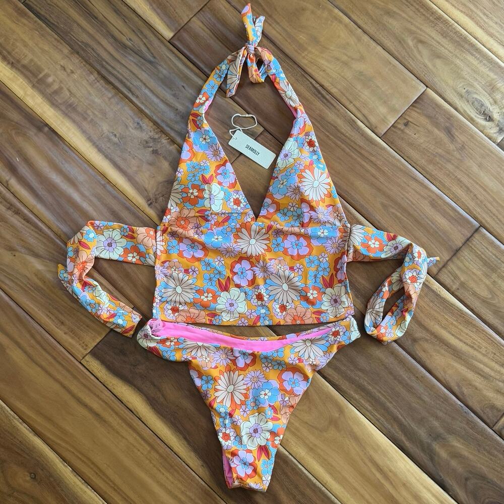 Seamolly Floral Bikini Bathing Swim Suit 70's Retro Hippy Boho Two-Piece Sz Med